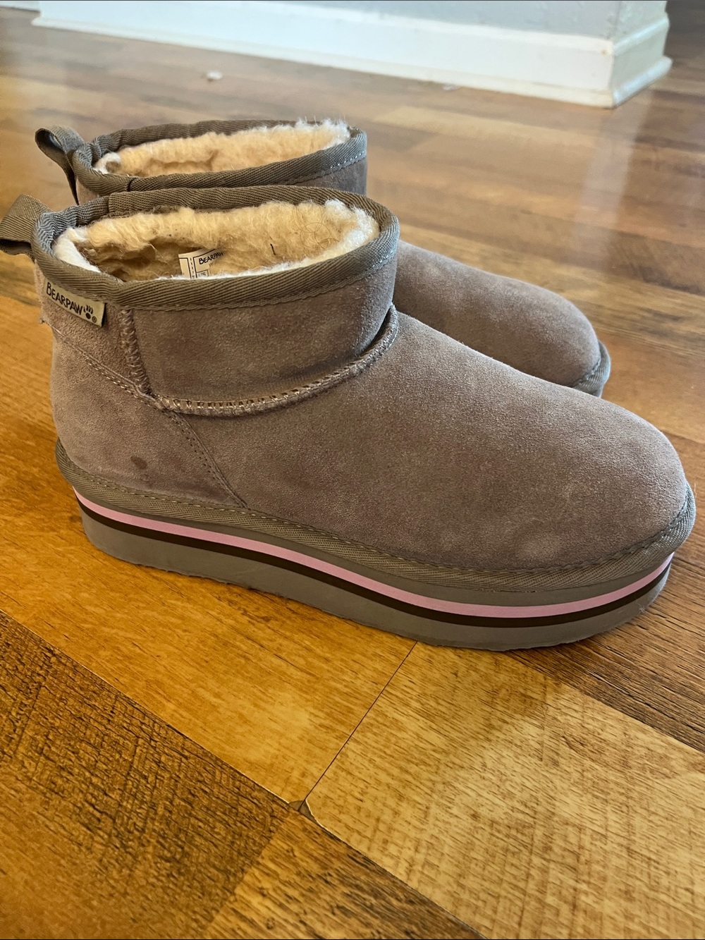 BearPaw womens Taupe Suede Ankle Boot with Pink Stripe